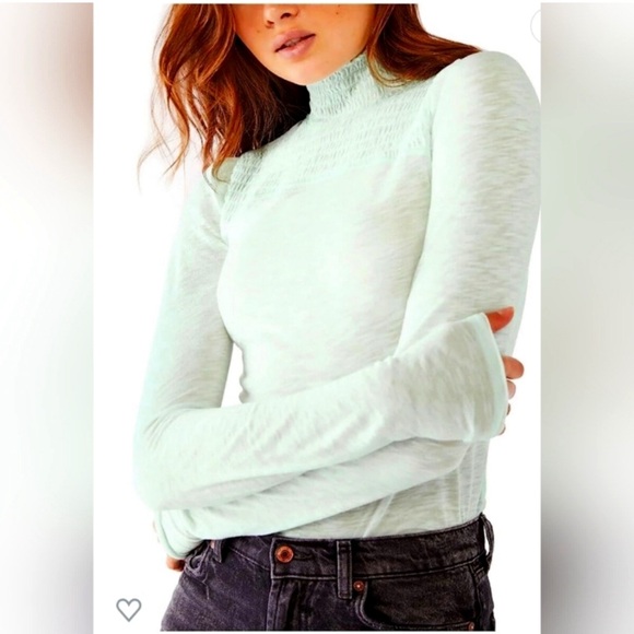 Free People We The Free Caroline Smocked Turtleneck Long Sleeved Iced Aqua 🐋 Top - Picture 1 of 16